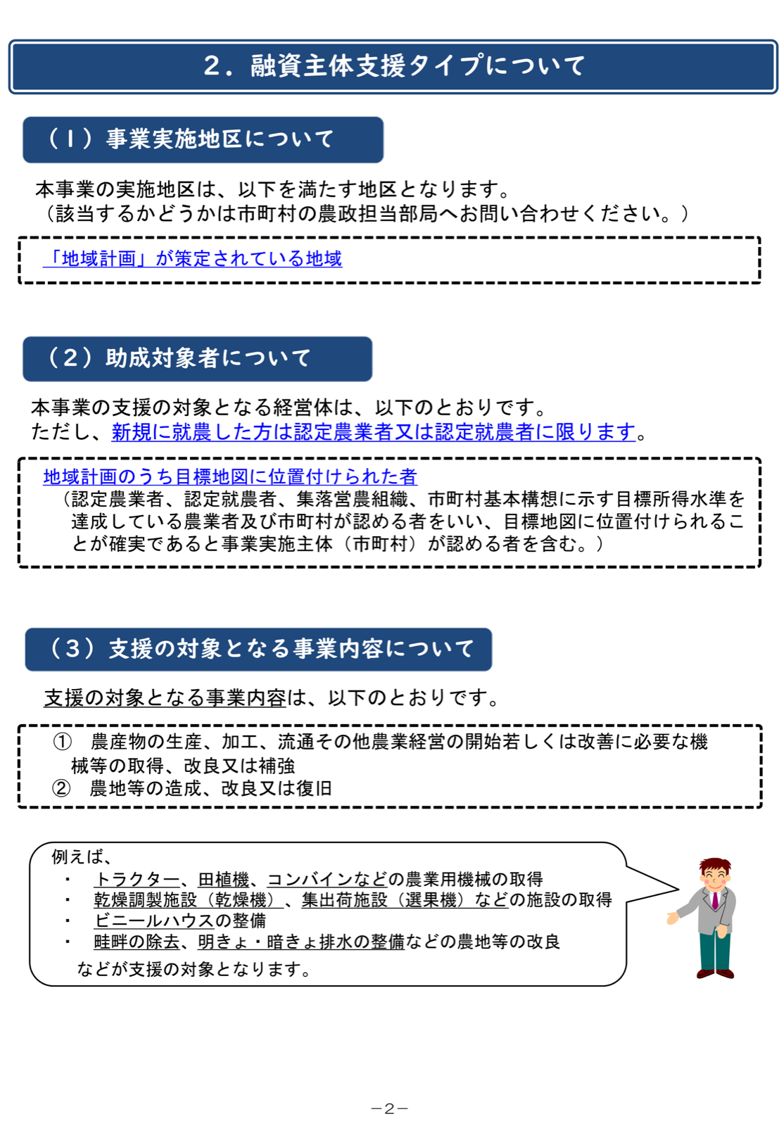 融資主体支援タイプの実施地区（地域計画が策定された地域）、助成対象者（目標地図に位置付けられた者）、支援対象となる事業内容の例（機械取得、施設、ハウス、農地改良）。