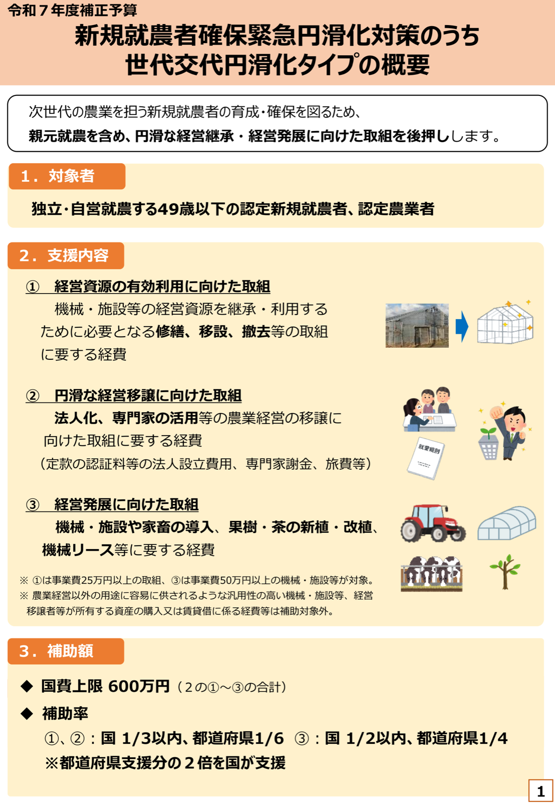 世代交代円滑化タイプの対象者・支援内容・補助額の概要