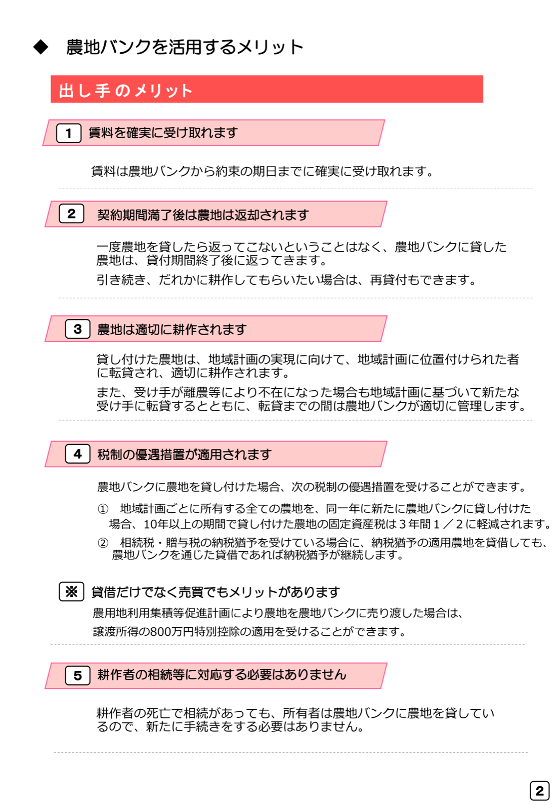 農地バンクを活用するメリット（出し手）。賃料の確実な受取、適切な耕作・管理、契約満了後の返却と再貸付、売渡時の800万円特別控除、固定資産税・相続税贈与税の優遇、耕作者相続時の手続不要。