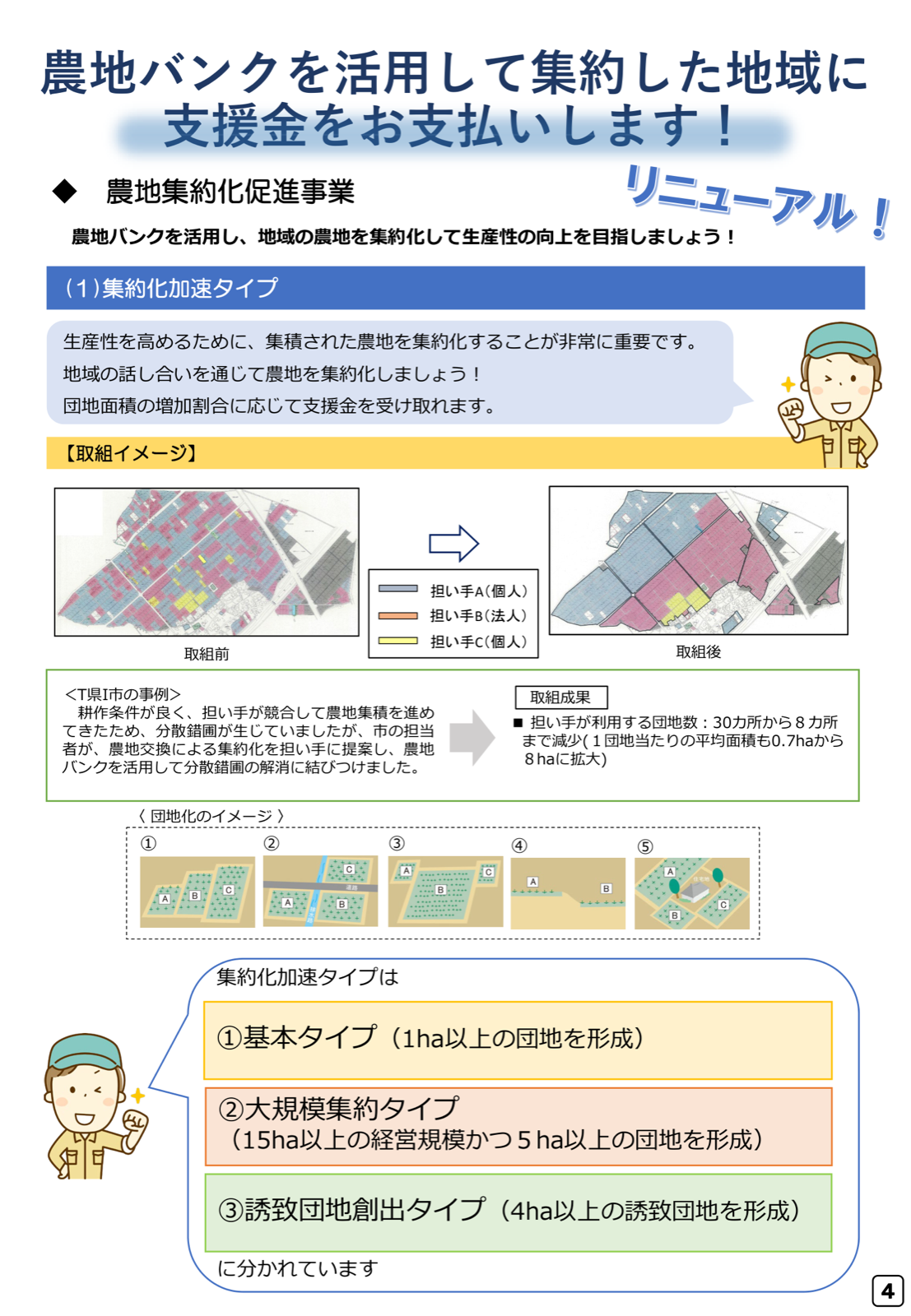 集約化加速タイプの取組イメージ。担い手の団地数減少の事例、基本・大規模集約・誘致団地創出の3区分。