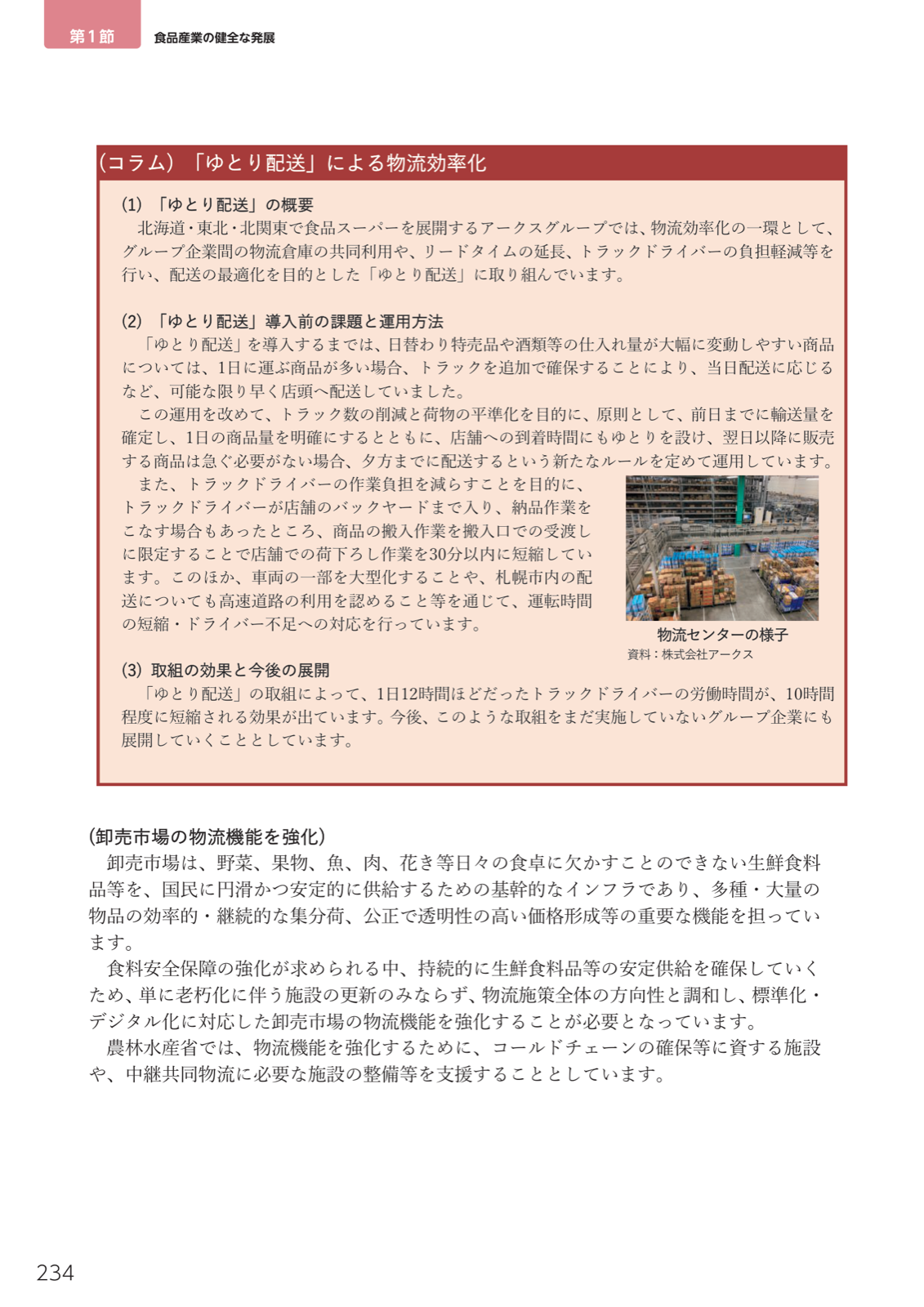 卸売市場の物流機能強化、コラム「ゆとり配送」（アークスグループ）による労働時間短縮の事例。