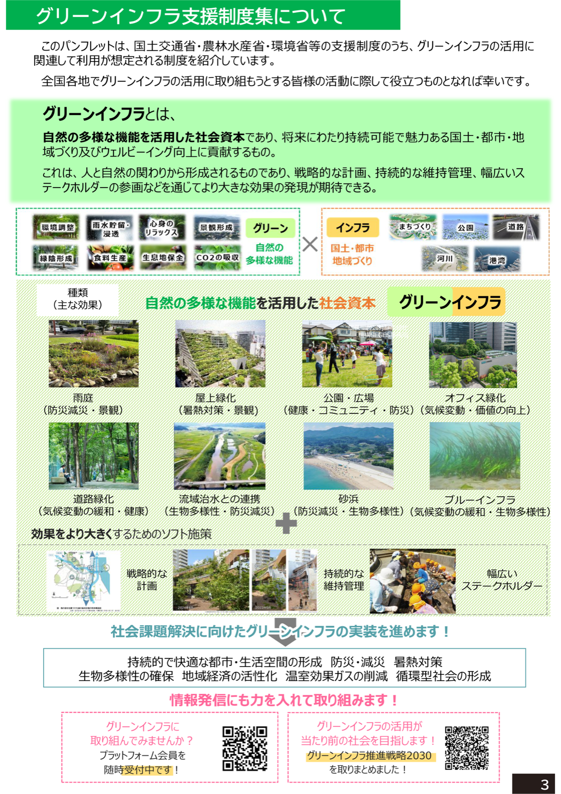 グリーンインフラの概念図。雨庭・屋上緑化・公園・道路緑化・砂浜・ブルーインフラ、そして流域治水と農地の連携など、自然の多様な機能を活用した社会資本の例と、戦略的な計画・持続的な維持管理・多様なステークホルダーというソフト施策を示す。