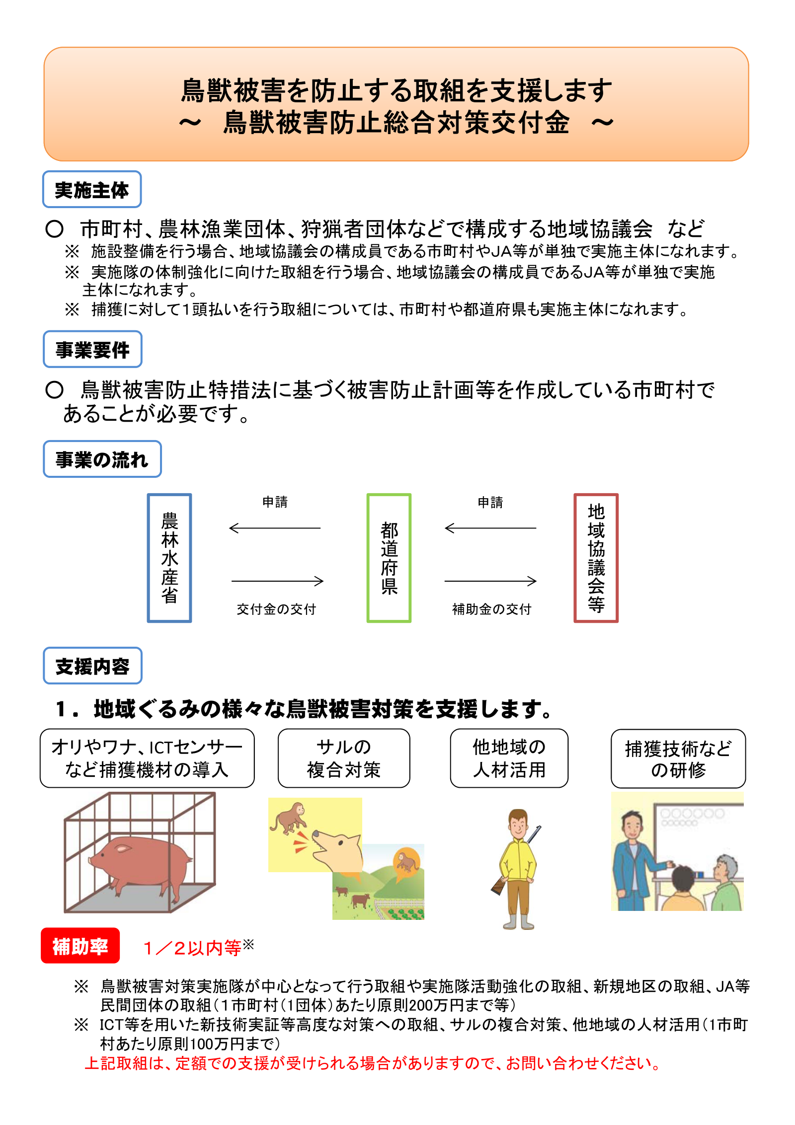 有害鳥獣の捕獲体制整備・捕獲機材購入への補助内容を示した農林水産省交付金パンフレット。