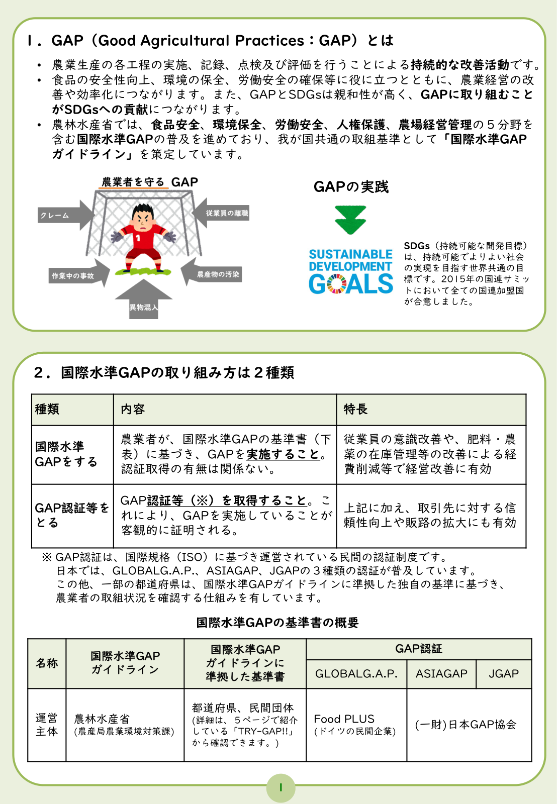 国際水準GAPの取り組みポイント。基本情報の整理、農場内の整理整頓、日々の記録、リスク管理の5ステップの概要。
