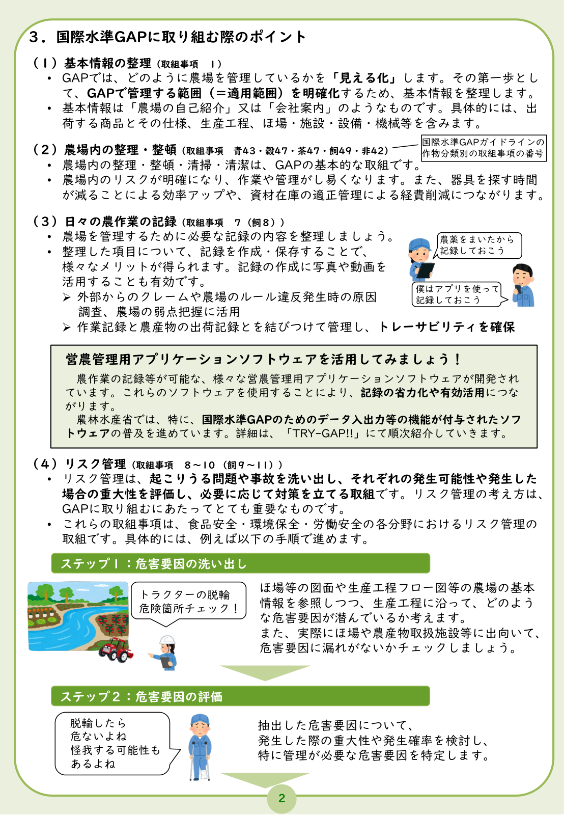 リスク管理のステップ3から5、環境保全分野の留意、農場ルールの策定・実践・検証のサイクル図、ルールの例。