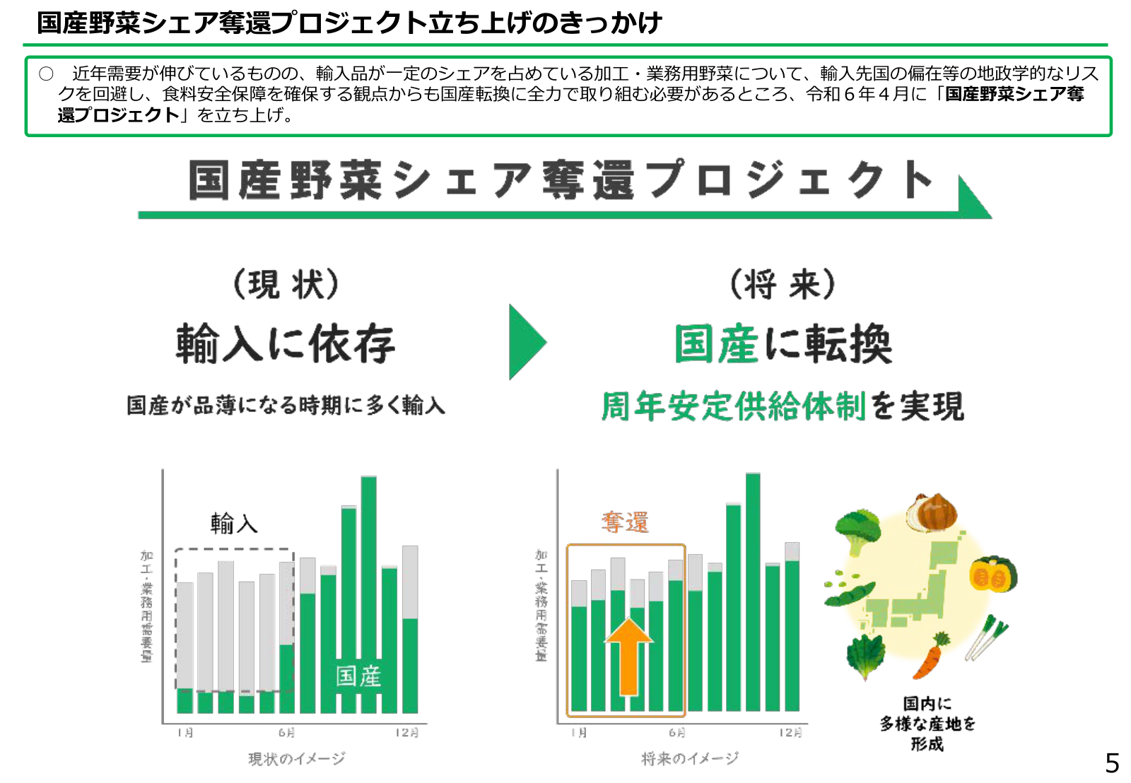加工・業務用野菜の輸入シェアと地政学的リスク、食料安全保障の観点から令和6年4月にプロジェクトを立ち上げるまでの背景。