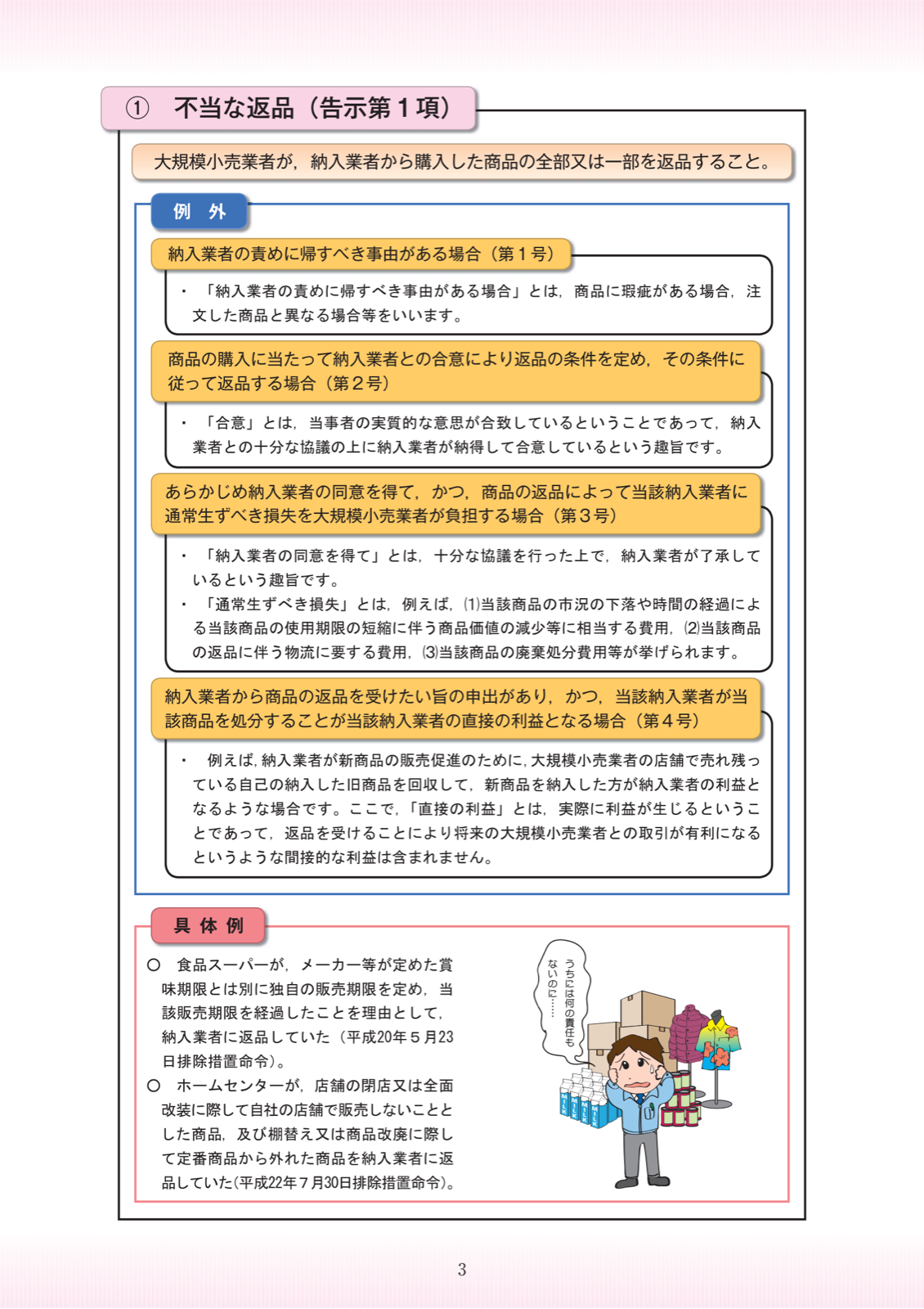 不当な返品の例外を示す図。納入業者の責めに帰すべき事由がある場合、合意した返品条件に従う場合、同意を得て通常生ずべき損失を小売業者が負担する場合、納入業者の申出で直接の利益となる場合の4つが号ごとに整理されている。