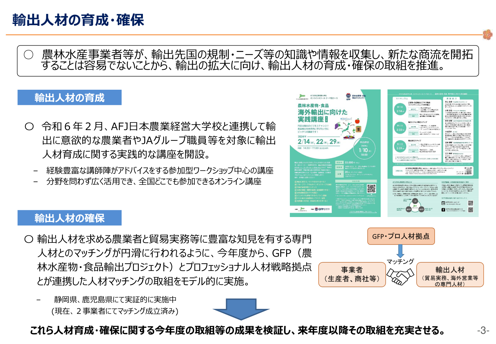 輸出人材の育成と確保。AFJ日本農業経営大学校のオンライン講座、GFPとプロフェッショナル人材戦略拠点の人材マッチング、静岡・鹿児島の実証事例。