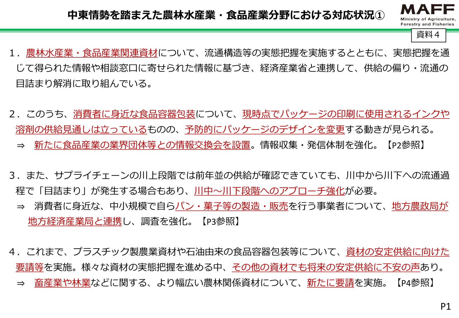 中東情勢を踏まえた農林水産・食品産業の対応。流通実態把握、食品容器包装の情報交換会設置、パン・菓子店の調査強化、畜産・林業資材への要請の四本柱。