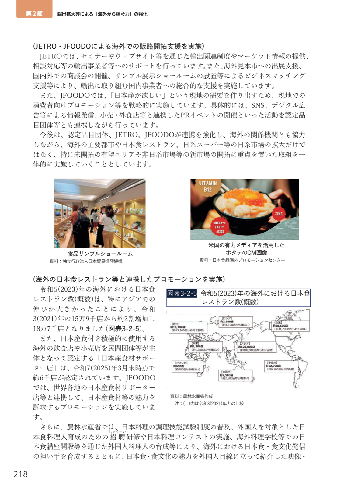 海外日本食レストラン数約18.7万店、日本産食材サポーター店約6千店、JETROのショールーム、JFOODOのホタテCM等。