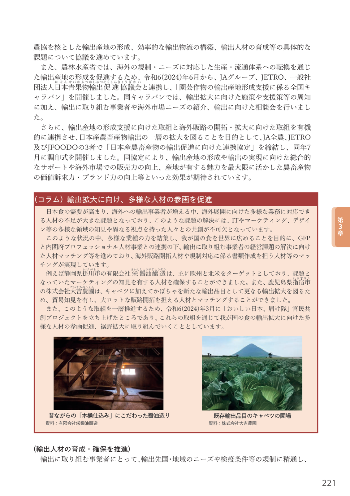 JA輸出関係連絡協議会、園芸作物輸出産地形成全国キャラバン、JA全農・JETRO・JFOODO連携協定、GFPビジネスパートナー活用例。
