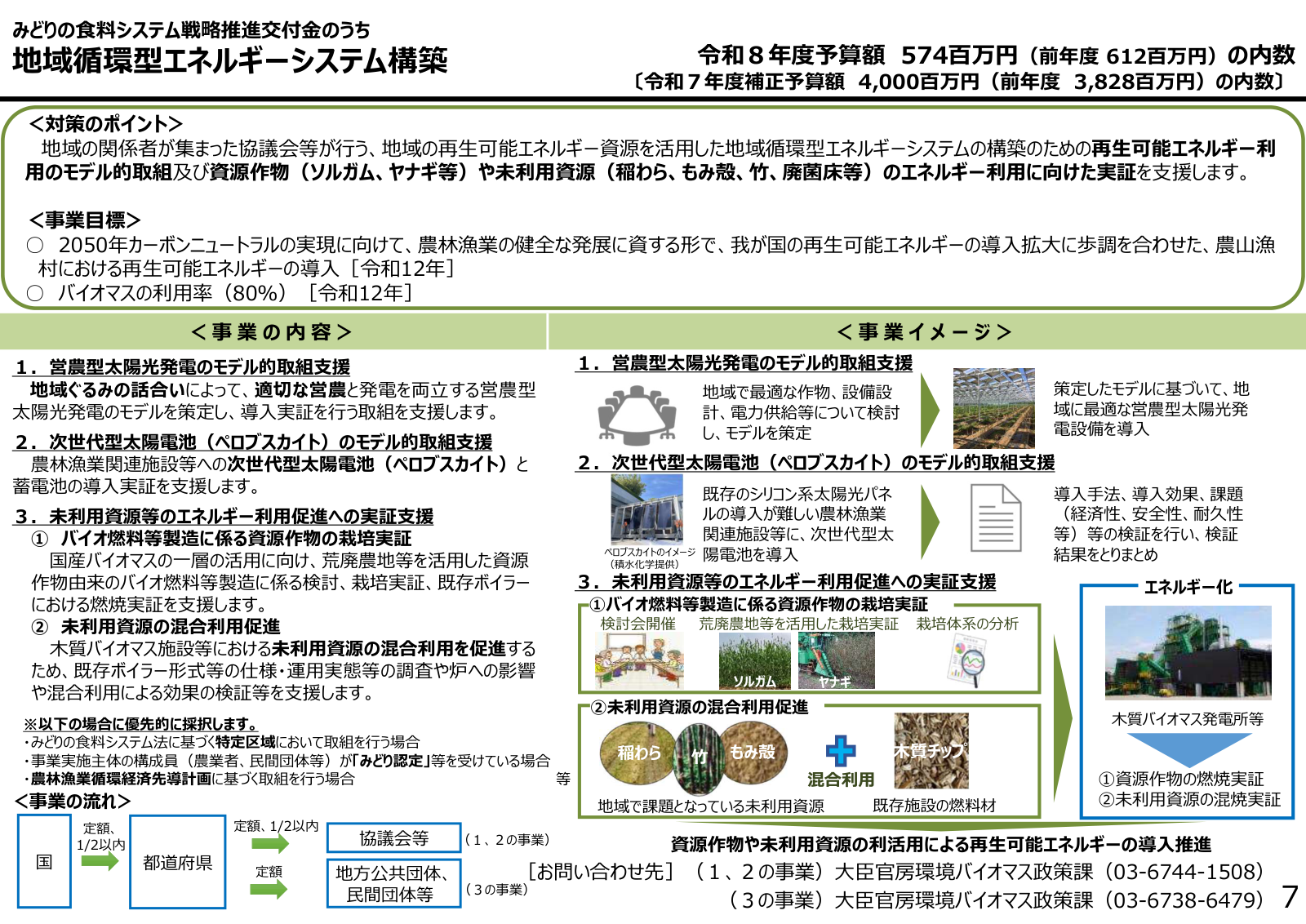 地域循環型エネルギーシステム構築の対策のポイント、3つの事業内容、事業目標、事業の流れ、事業イメージ、優先採択、予算内数。