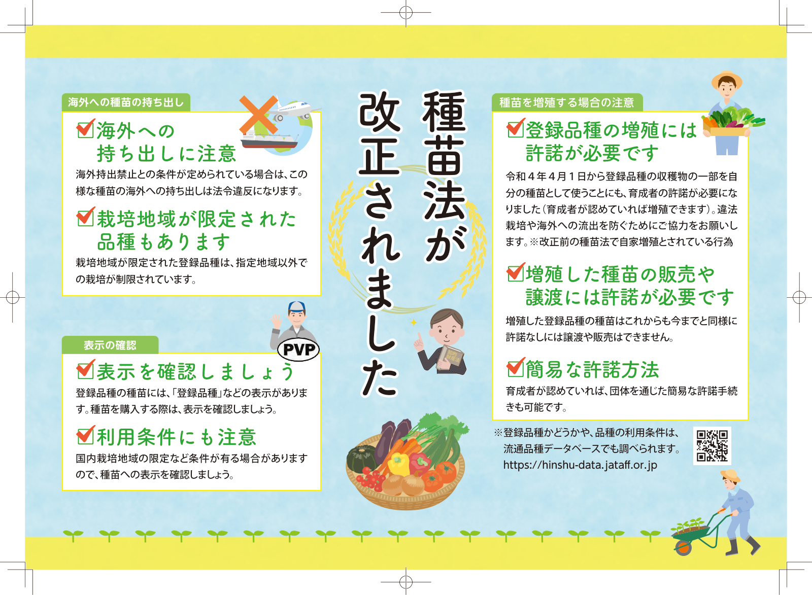 種苗法改正のポイント。登録品種の増殖には許諾が必要、増殖した種苗の販売や譲渡には許諾が必要、団体を通じた簡易な許諾方法、海外への持ち出しと栽培地域の制限、種苗の表示の確認。
