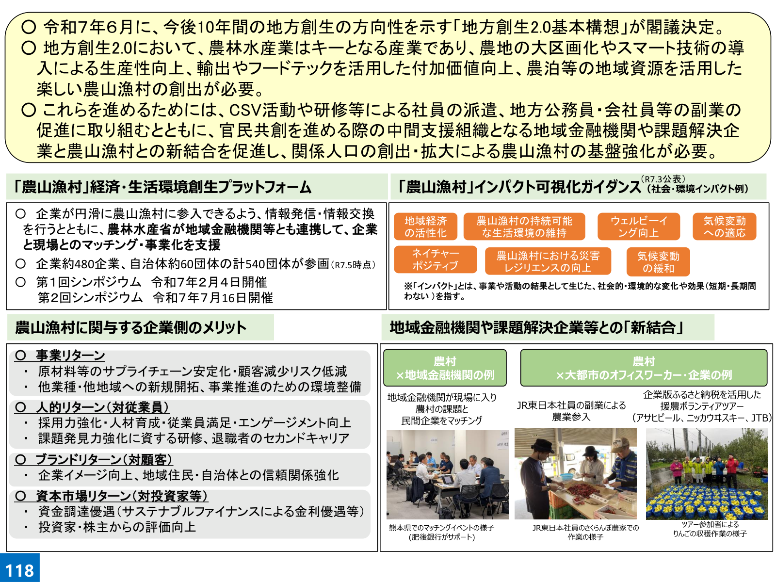 地方創生2.0、官民共創プラットフォーム参画540団体、企業4リターン、インパクト可視化ガイダンス、地域金融機関・JR東日本・企業版ふるさと納税の事例。
