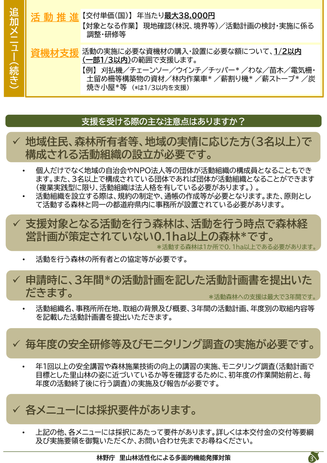 追加メニューの活動推進・資機材支援の単価と、支援受給時の注意点（活動組織、対象森林、3年計画、安全講習・モニタリング、選定要件）。