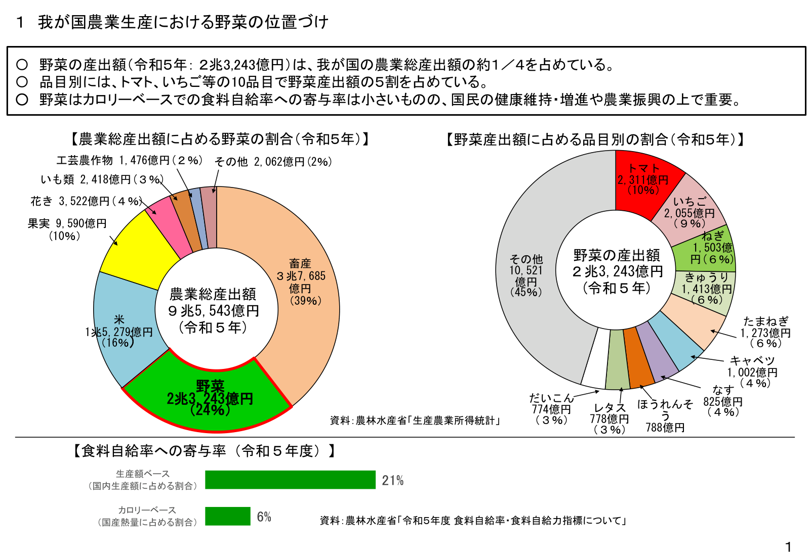 令和5年の農業総産出額9兆5,543億円の内訳と野菜産出額2兆3,243億円の品目別シェア。食料自給率への寄与はカロリー6%、生産額21%。