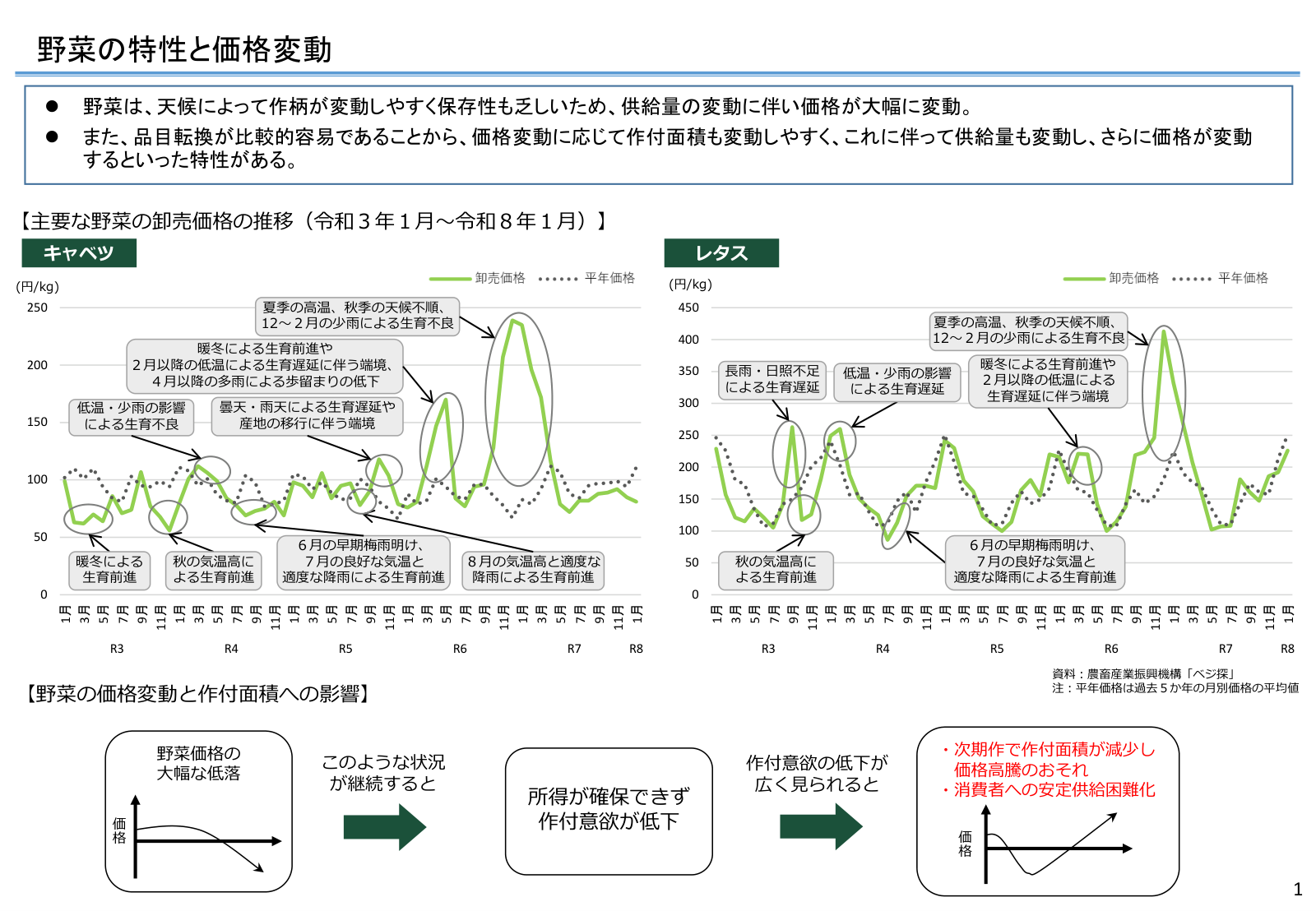 主要野菜の卸売価格推移（令和3年1月～令和8年1月）のグラフと、価格変動が作付面積・供給に及ぼす影響の模式図。キャベツ・レタスの価格推移と気象要因の注記がある。