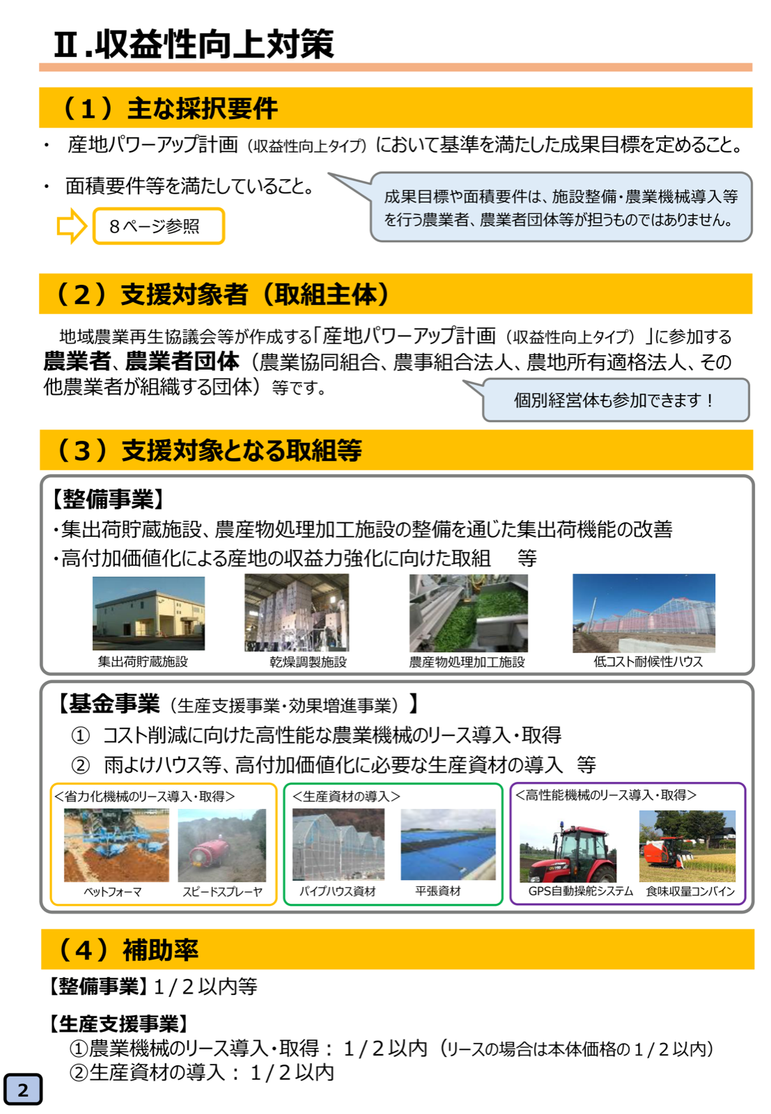 産地生産基盤パワーアップ事業（収益性向上対策）の採択要件・支援対象者・支援対象となる取組・補助率。整備事業に低コスト耐候性ハウスが含まれ、補助率は2分の1以内。